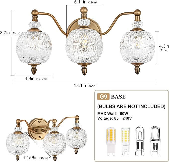 Vintage Bathroom Vanity Light, 3-Light Mid Century Matte Antique Brass Finish Wall Sconce with Globe Glass Shades, Retro Mirror Light for Bathroom, Powder Room