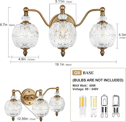 Vintage Bathroom Vanity Light, 3-Light Mid Century Matte Antique Brass Finish Wall Sconce with Globe Glass Shades, Retro Mirror Light for Bathroom, Powder Room