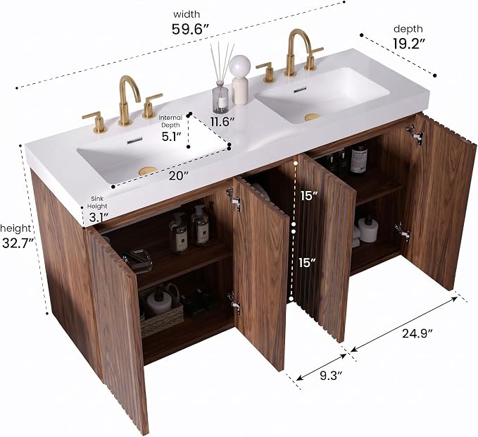 60" Double Bathroom Vanity with Sink (8" Widespread Faucet Holes Predrilled), Mid Century Modern Bathroom Cabinet with 4 Doors & Shelves, White Integrated Sink with Overflow, Walnut