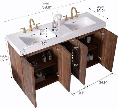 60" Double Bathroom Vanity with Sink (8" Widespread Faucet Holes Predrilled), Mid Century Modern Bathroom Cabinet with 4 Doors & Shelves, White Integrated Sink with Overflow, Walnut
