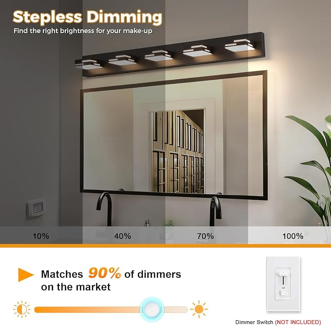 5-Light 5CCT Modern Bathroom Vanity Light Fixtures, 40-Inch 350° Rotatable LED Vanity Lights Over Mirror, Dimmable Matte Black Metal Wall Sconce 2700K-6000K Selectable