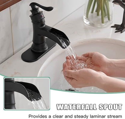 BWE Black Bathroom Faucet Matte Waterfall Sink Farmhouse Bath Vanity Single Hole Faucets One Handle Basin Antique centerset Restroom Mixer Tap Supply Line