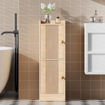 HOOBRO Small Bathroom Storage Cabinet, 9.8" W x 7.9" D x 30.7" H Small Cabinet for Bathroom with Doors, Farmhouse Floor Cabinet with 2 Adjustable Shelves, Narrow Toilet Paper Cabinet, Natural