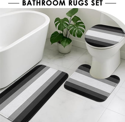 Bathroom Sets with Shower Curtain and Rugs 4 Pcs, Abstract Striped | Modern Ombre Lines Bathroom Decor Set with Toilet Lid Cover, Non-Slip Bath Mats and Accessories 12 Hooks
