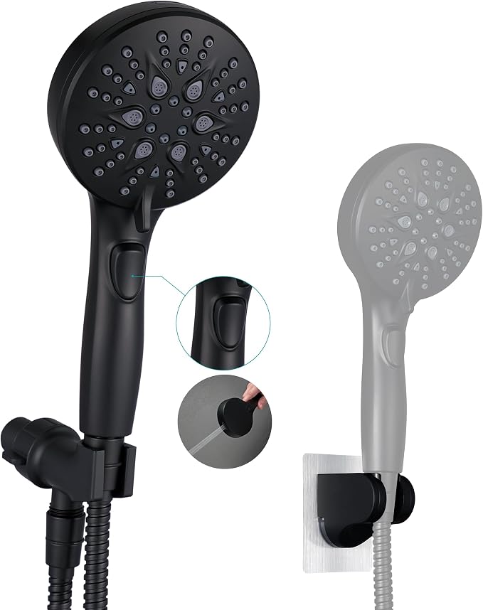 GwernKB Handheld Shower Head with ON OFF Switch & 79in Stainless Steel Hose | Built-in Power Spray,7-Setting High Pressure Spray with Bracket & Extra No Drilling Wall Shower Holder for Lower Mount,Black