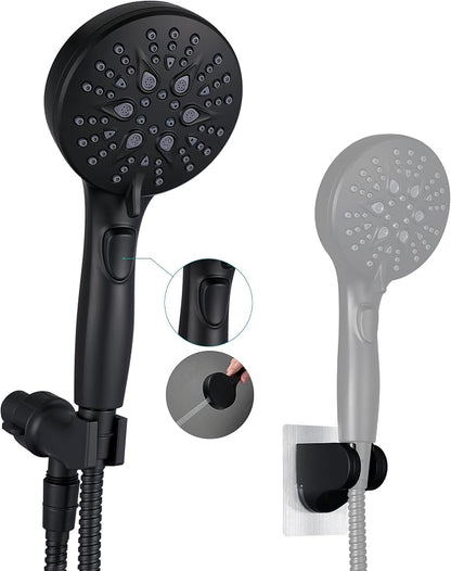 GwernKB Handheld Shower Head with ON OFF Switch & 79in Stainless Steel Hose | Built-in Power Spray,7-Setting High Pressure Spray with Bracket & Extra No Drilling Wall Shower Holder for Lower Mount,Black