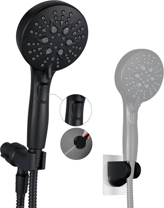 GwernKB Handheld Shower Head with ON OFF Switch & 79in Stainless Steel Hose | Built-in Power Spray,7-Setting High Pressure Spray with Bracket & Extra No Drilling Wall Shower Holder for Lower Mount,Black