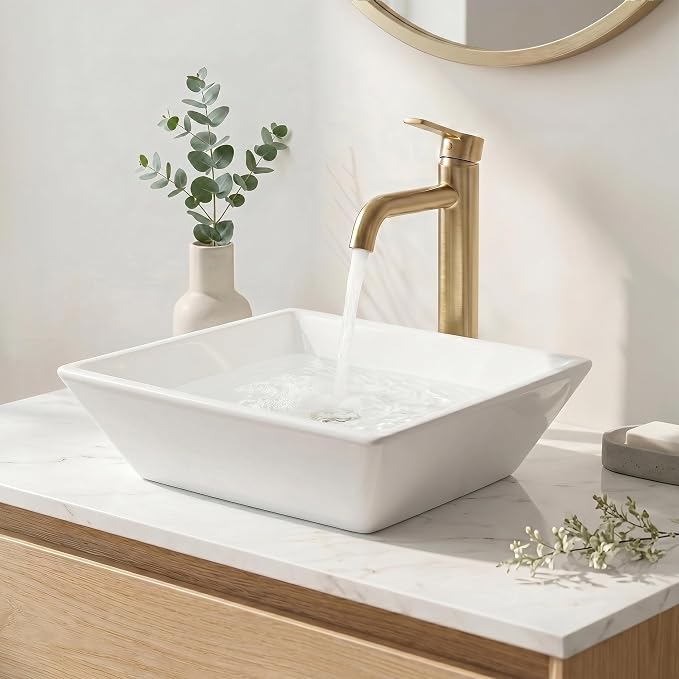 KES 17" Square Vessel Sink for Bathroom Vanity Countertop, Glossy White Ceramic Porcelain Bathroom Sink Bowl Above Counter, Modern Look, BVS141
