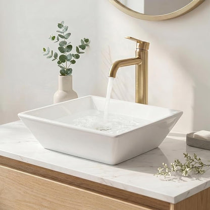 KES 17" Square Vessel Sink for Bathroom Vanity Countertop, Glossy White Ceramic Porcelain Bathroom Sink Bowl Above Counter, Modern Look, BVS141