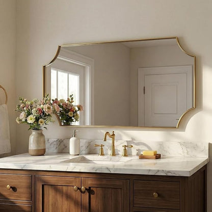 Scalloped 24"x48" Brushed Gold Bathroom Mirror | Anti-Rust Stainless Steel Frame 1" Deep, Rounded Notched Corners, Two Way Hanging, Ideal for Bathroom Decor & Remodel