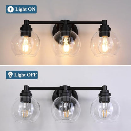 Upgrade Matte Black Bathroom Light Fixtures, Modern Vanity Light with Globe Glass Shade, 3-Light Bathroom Lights Over Mirror, Vanity Lights for Bathroom Bedroom Kitchen Hallway Living Room
