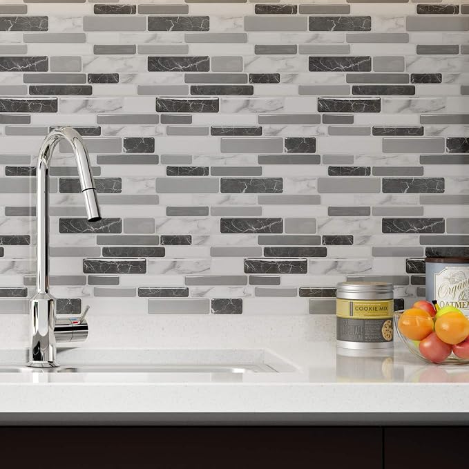 Art3d 6-Pack Peel and Stick Backsplash Wall Tile, 12 x 12 Inch, Marble Grey | Strong Adhesion, Lightweight, Cuttable, Waterproof, Fadeless, Crack Resistant, for Kitchen, Bedroom, Ideal for Recently Moved