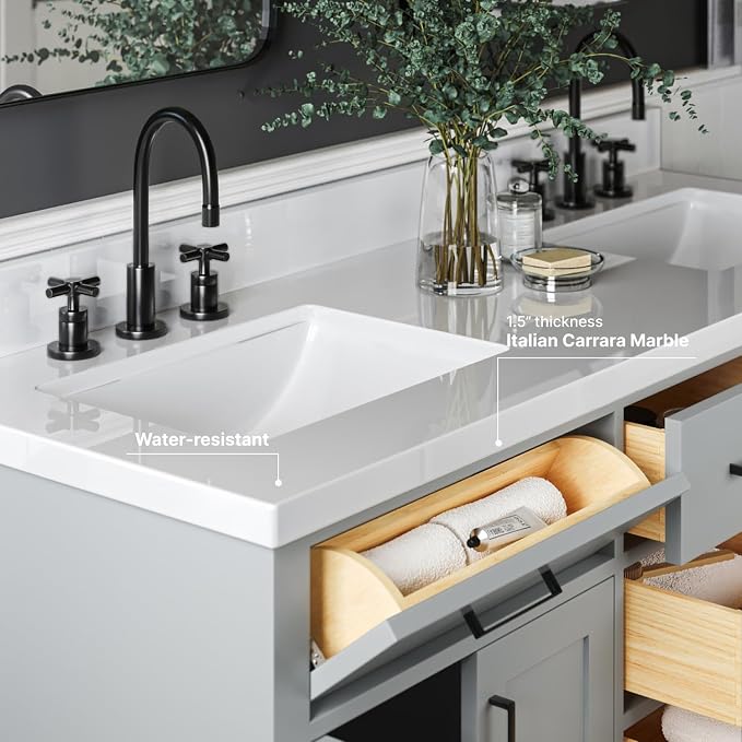 ARIEL Hepburn 60-inch Bathroom Vanity with Sink,Solid Wood, 1.5-inch Pure White Quartz Countertop & Backsplash, Double Rectangular Porcelain Sink, 4 Soft Closing Doors, 6 Dovetail Drawers, Grey
