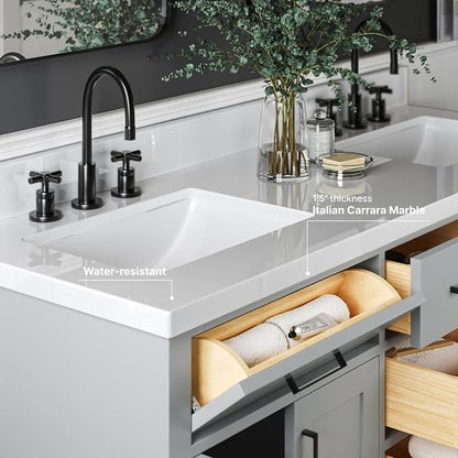 ARIEL Hepburn 60-inch Bathroom Vanity with Sink,Solid Wood, 1.5-inch Pure White Quartz Countertop & Backsplash, Double Rectangular Porcelain Sink, 4 Soft Closing Doors, 6 Dovetail Drawers, Grey