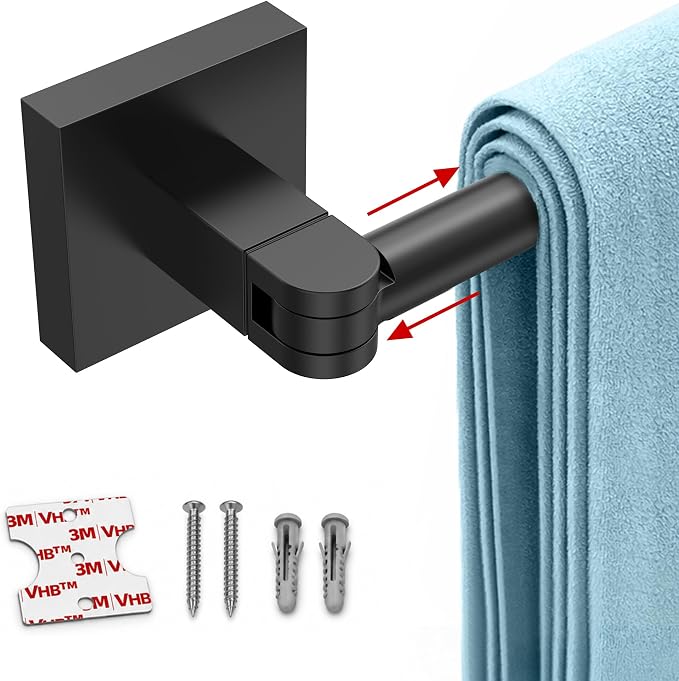 RUACQ Adjustable Towel Bar, Adhesive or Drill Wall Mount Towel Rack, Black | Adjust 15.8 to 26 Inch Towel Racks for Bathroom, 304 Stainless Steel Bath Towel Holder, Rustproof, Square Base, Heavy Duty