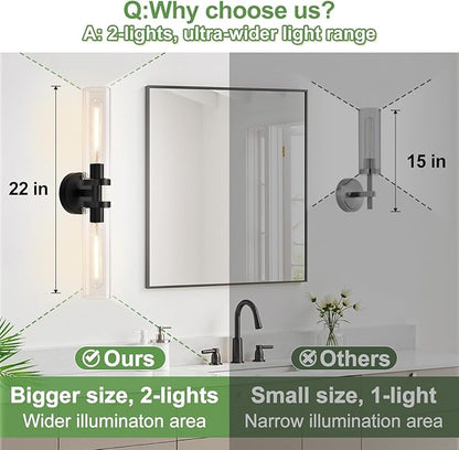 Matte Black Wall Sconces, Bathroom Sconces Wall Lighting with Clear Glass, Modern Sconces Wall Light fixtures for Bathroom Mirror Living Room Hallway Bedroom