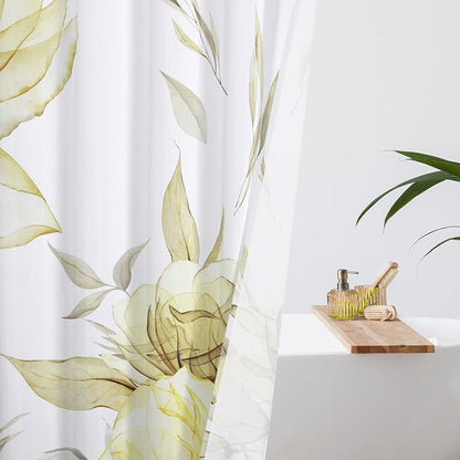 Litabel Extra Long Boho Watercolor Floral Shower Curtain 72 x 84, Yellow Painting Style Flower Shower Curtains for Chic Elegant Bathroom, Artistic XL Modern Fabric Cloth Shower Curtain