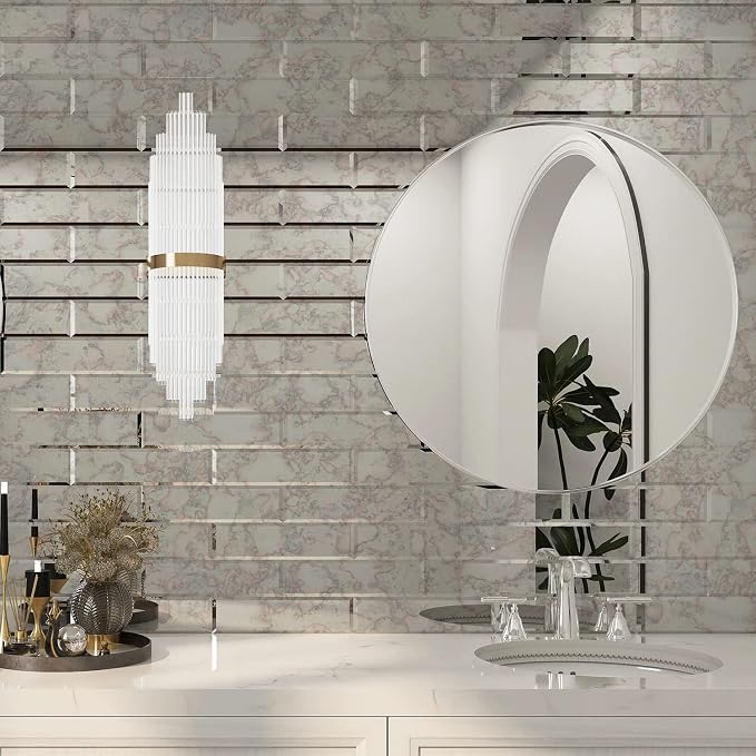 Peel and Stick Antique Beveled Mirror Tile Subway Mirror Backsplash 3x12 Inch for Kitchen Bathroom Wall (20 Pcs, 5 SQ.FT.)