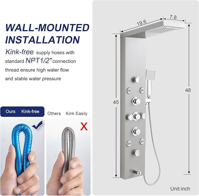 ROVATE 6 in 1 Shower Panel Tower System with Rainfall Waterfall Head, Brushed Shower Tower with Body Jets and Rainfall and Handheld, Tub Spout, Brushed Stainless Steel Shower Column High Pressure