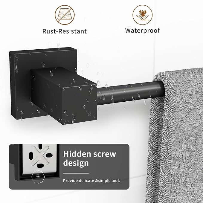 4 Pieces Matte Black Bathroom Hardware Accessories Set, 16 Inch Bath Towel Holder Sets with Toilet Paper Holder, Stainless Steel Towel Racks for Bathroom Wall Mounted
