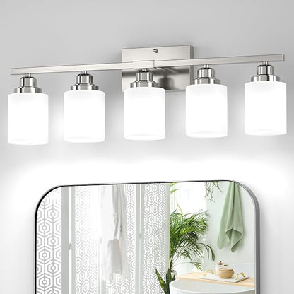 5-Light Bathroom Light Fixture, Brushed Nickel Vanity Lights Over Mirror, Anti-Rust, White Glass Shades, E26 Base, Bulb Not Included