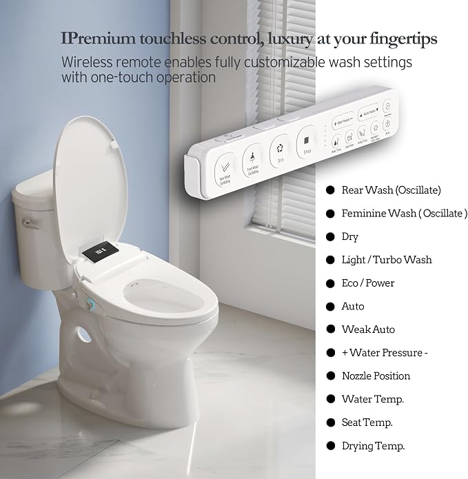 Electric Heated Bidet Toilet Seat with Remote, Elongated, X60L | Instant Warm Water, Heated Seat, Warm Air Drying, Slow Close Lid, LED Display, Nightlight