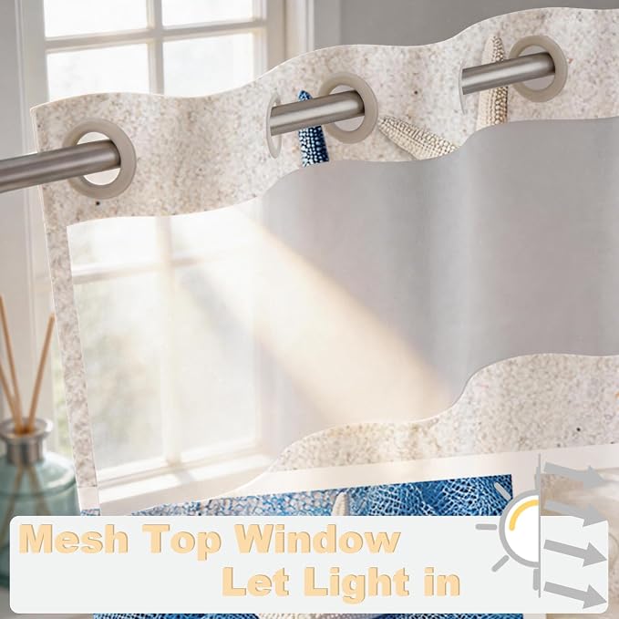 White Abstract Beach Theme No Hook Waffle Weave Shower Curtain with Snap in Liner Summer Ocean Coastal Nautical Modern Bathroom Decor Set 72 W x 74 H Inch Blue