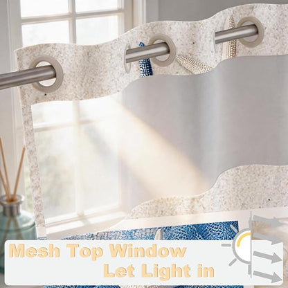 White Abstract Beach Theme No Hook Waffle Weave Shower Curtain with Snap in Liner Summer Ocean Coastal Nautical Modern Bathroom Decor Set 72 W x 74 H Inch Blue