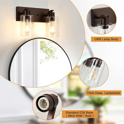 2 Lights Bathroom Light Fixtures Oil Rubbed Bronze Vanity Light with Clear Glass Shade 13in Modern Bathroom Lighting Fixtures Over Mirror for Bedroom/Living Room