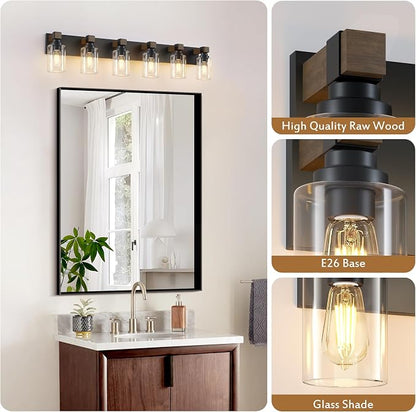 Farmhouse 6-Light Bathroom Vanity Light Fixtures, Black and Wood | 43.3″ Rustic Matte Black Metal Frame, Clear Glass Shades, Vintage Wall Sconces Lighting Over Mirror, for Bathroom Restroom
