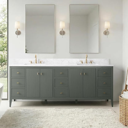 Vanity Art 84 inch Bathroom Vanity with Double Sink & Ceramic Top, Vanity Cabinet with Soft-Closing Door, Solid Wood Frame, Linear Pattern, Walnut, Golden Brushed Handware,Vintage Green