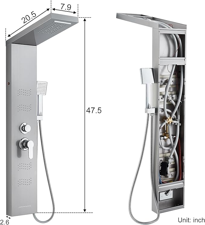 Shower Panel Tower System with LED Lights, Stainless Steel 5 in 1 Shower Panel with Rainfall Waterfall Shower Head, Body Spray, Handheld Shower, Tub Spout (Brushed)