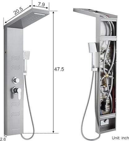 Shower Panel Tower System with LED Lights, Stainless Steel 5 in 1 Shower Panel with Rainfall Waterfall Shower Head, Body Spray, Handheld Shower, Tub Spout (Brushed)