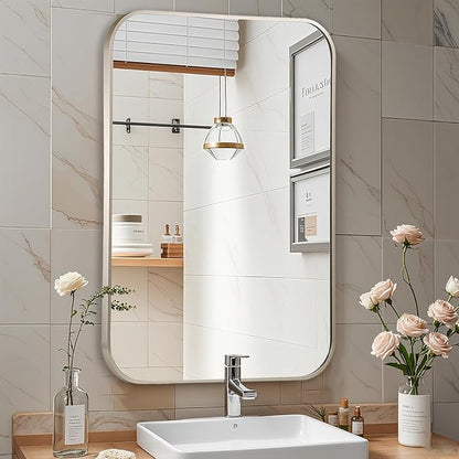 Brushed Nickel Mirror, 22x30 Inch Brushed Nickel Rectangle Mirror, Aluminum Alloy Framed Vanity Mirror, Rounded Rectangle Bathroom Mirror for Over Sink, Anti-Rust