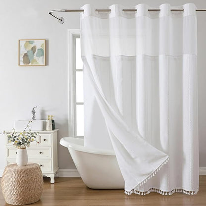 eachope No Hook Extra Long Shower Curtain Set with Snap-in Liner,Linen Textured Thick Striped Fabric with Tassels,Boho Chic Modern Farmhouse Bathroom Curtain,Water-Repellent,White,71x86 | 330GSM Thick Linen Textured Striped Fabric with Tassels,Snap-in ...