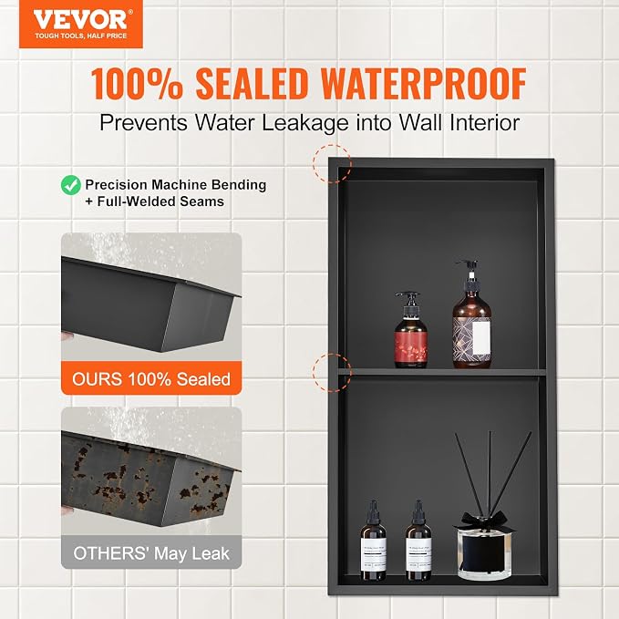 VEVOR 13"x25" Shower Niche No Tile Needed 304 Stainless Steel, Recessed Shower Niche Shelf for Bathroom Storage, Brushed Nickel