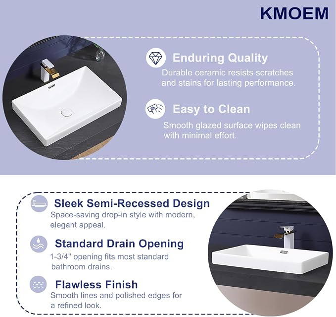 Semi Recessed Bathroom Sink 23"x15" Drop-in Vessel Sink White Porcelain Ceramic Modern Rectangular Sinks Basin Vanity Sinks with Overflow for Bathrooms