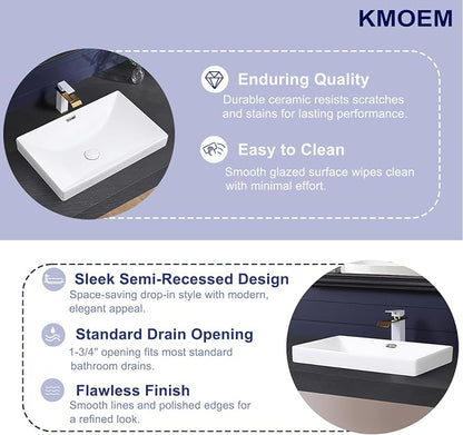 Semi Recessed Bathroom Sink 23"x15" Drop-in Vessel Sink White Porcelain Ceramic Modern Rectangular Sinks Basin Vanity Sinks with Overflow for Bathrooms
