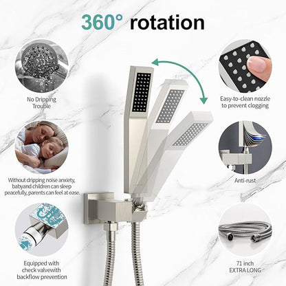 SR SUN RISE 12 Inches Bathroom Luxury Rain Mixer Shower Combo Set Wall Mounted Rainfall Shower Head System Brushed Nickel Finish Shower Faucet Rough-In