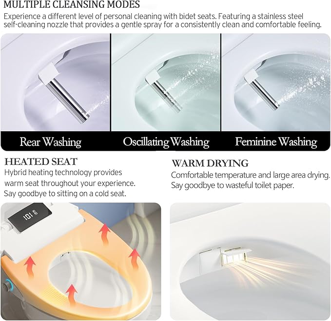Electric Bidet Toilet Seat with Remote Control, Heated Bidet Seat, Warm Water Wash, Warm Air Drying, Rear & Front Wash, Self-Cleaning Nozzle, Night Light, LED Display Requires Outlet - Round