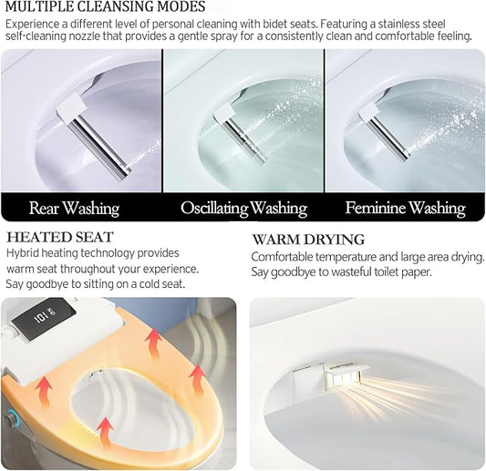 Electric Bidet Toilet Seat with Remote Control, Heated Bidet Seat, Warm Water Wash, Warm Air Drying, Rear & Front Wash, Self-Cleaning Nozzle, Night Light, LED Display Requires Outlet - Elongated
