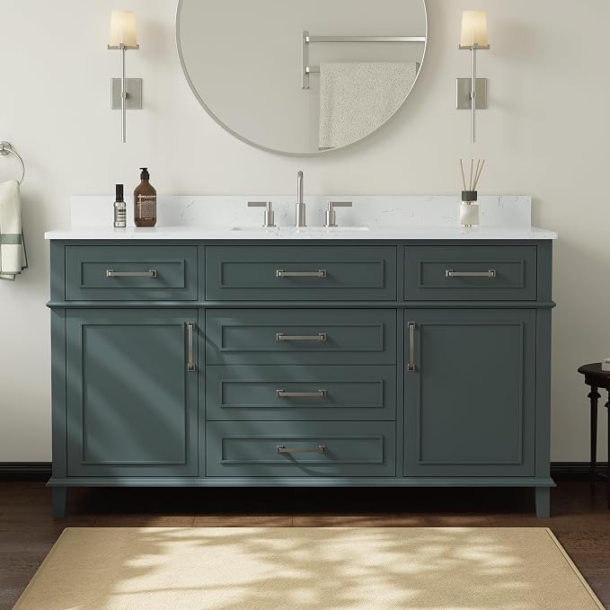 60 Inch Bathroom Vanity with Sink, Fully Assembled, Green | Solid Wood Single Sink Bathroom Vanity, Modern Bathroom Sink Cabinet, Soft Close Doors & Dovetail Drawers, 0.78" Stone Top