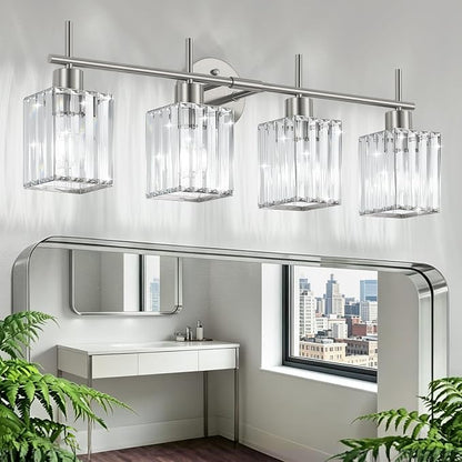 Brushed Nickel Bathroom Light Fixtures, Square, 4-Light | Vanity Lights with Crystal Shades, Modern Bathroom Lighting Fixtures over Mirror (Bulbs Not Included, E26)