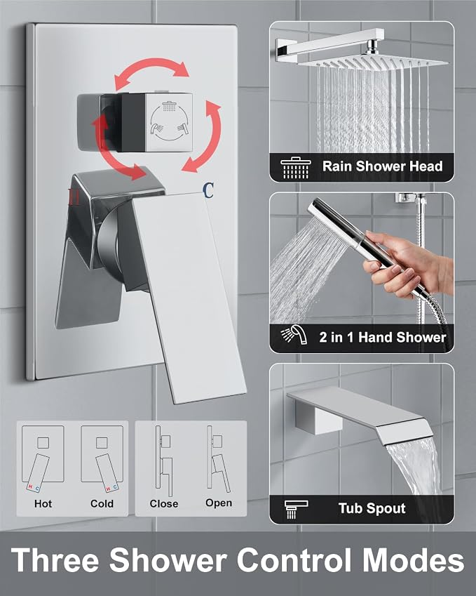 Aolemi Shower System with Tub Spout and Valve Polish Chrome | 10-Inch Square Wall Mounted Rainfall Shower Head and Handheld,3-Function Bathtub Shower Faucet Set
