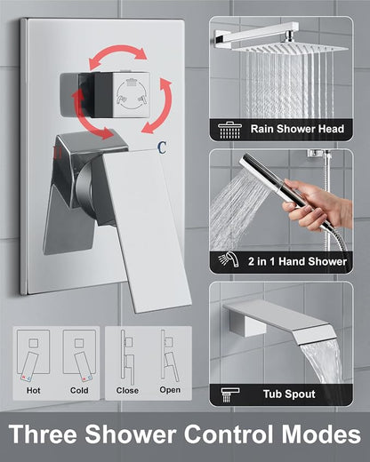 Aolemi Shower System with Tub Spout and Valve Polish Chrome | 10-Inch Square Wall Mounted Rainfall Shower Head and Handheld,3-Function Bathtub Shower Faucet Set