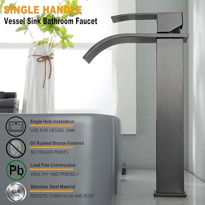 Oil Rubbed Bronze Bathroom Vessel Sink Faucet, JXMMP Single Hole Waterfall Bathroom Faucet with Supply Hose and Pop Up Drain Assembly, Tall Waterfall Faucet for Bathroom Sink, JXM1221ORB