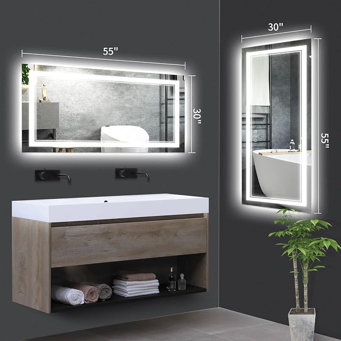 55x30 Inch LED Bathroom Mirror with Lights | Front and Backlit, 3 Colors, Dimmable, Memory, Anti Fog, Shatterproof, Horizontal/Vertical, Lighted Mirrors for Bathroom Wall