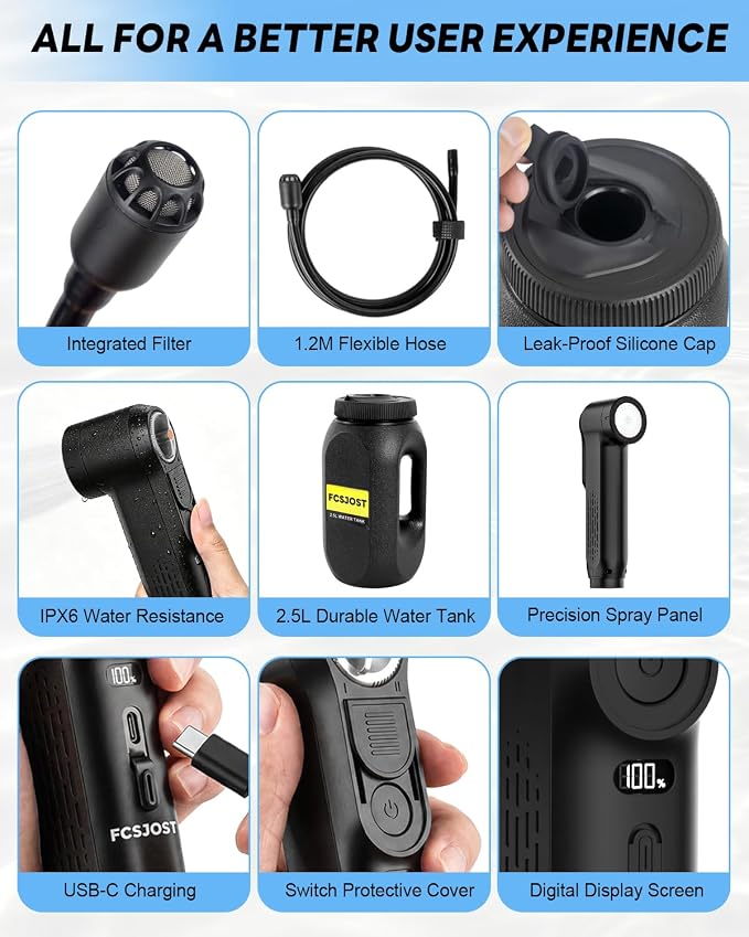 Portable Bidet for Travel, Electric Rechargeable Bidet with 1600mAh Battery, 2.5L Tank, Dual Spray Modes (Jet/Shower), IPX6 Waterproof Personal Hygiene Sprayer for Home, Camping, Women, Men