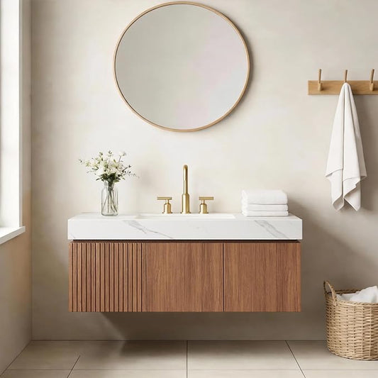48" Floating Bathroom Vanity with Sink, Modern Plywood Bathroom Vanities with Drawer and Doors, Carrara White Sintered Stone Top and 3 Pre-drilled Faucet Holes Ceramic Basin, Pre-Assembled, Dark Oak