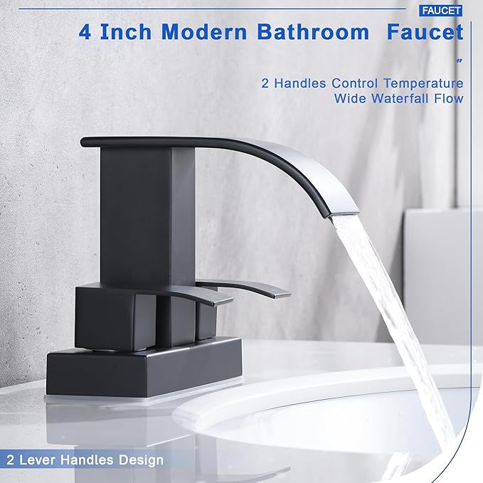 Black Waterfall Bathroom Sink Faucet with Pop up Sink Drain Stopper Overflow for Faucet Vessel, 4 Inch 2 Handles 2 or 3 Holes Centerset Faucet for Lavatory Bathroom Sink with Supply Lines